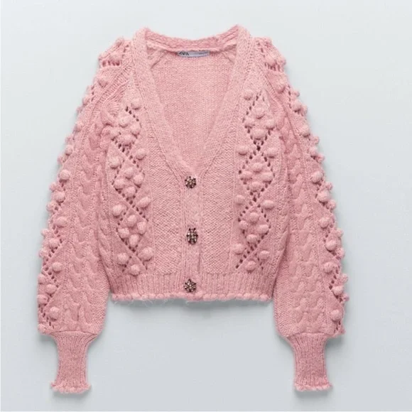 Zara Jewel Button Knit Cardigan Blush Pink Knit Sweater Size Small Loose Fit - Picture 1 of 16